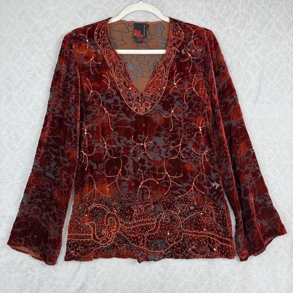 Vtg Silk Blend Tunic Womens 8 Velvet Burnout Beaded Embroidery Floral Fairy Boho